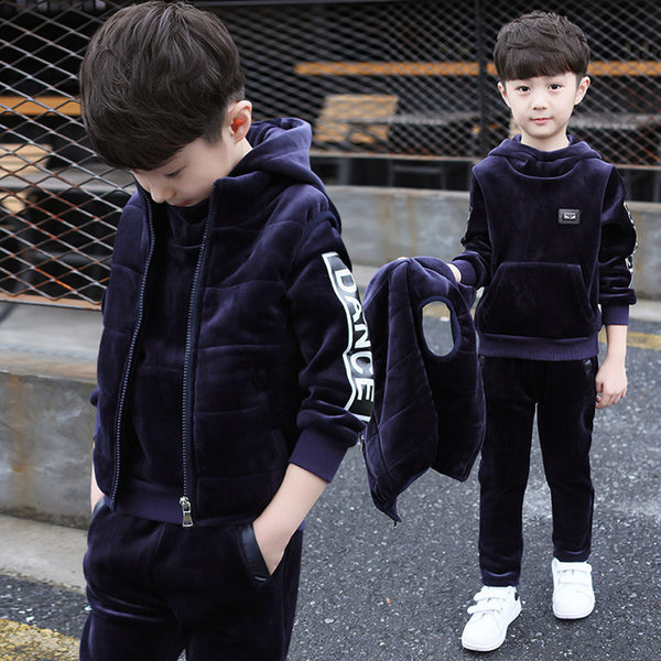 Traje Tres Piezas para Niño con Terciopelo, Abrigo Grueso Otoño Invierno