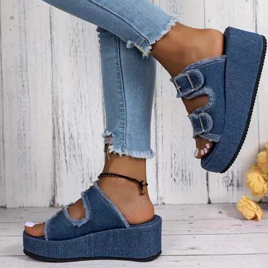 Sandalias Cuña Denim con Hebilla - Tacón Alto Camuflaje Verano para Mujer - Image 10