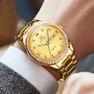 Reloj de Negocios Acero Inoxidable con Diamantes, Resistente al Agua y Calendario