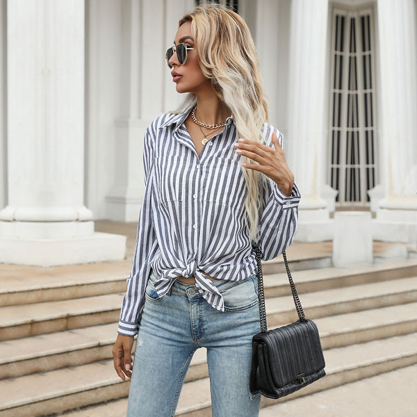 Camisa de Rayas Verticales con Solapa para Mujer - Estilo Europeo