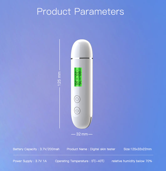 White rechargeable smart facial skin tester with green digital display, USB-C charging cable, and user manual. - Image 8
