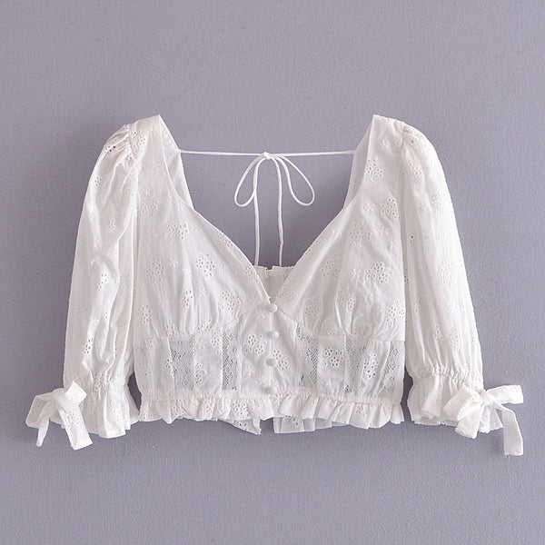 Blusa con Encaje Bordado, Moño y Mangas Abullonadas