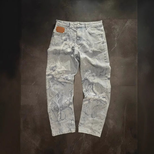 Jeans Casual Desgastados con Efecto Graffiti - Estilo Urbano Versátil