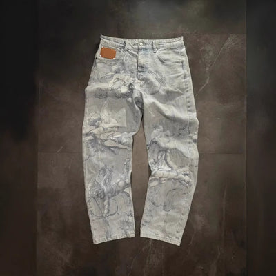 Jeans Casual Desgastados con Efecto Graffiti - Estilo Urbano Versátil