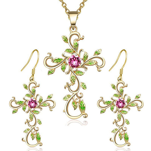 Conjunto de Aretes y Collar con Colgante Cruz en Aleación - Image 4