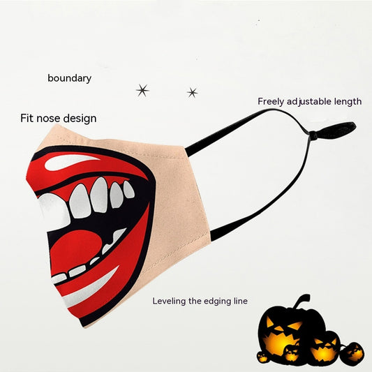 Beige Halloween face mask with a wide-open mouth print featuring red lips, white teeth, and a pink tongue. - Image 2