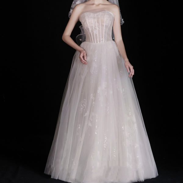 Vestido de Novia Blanco Elegante Escote Tubo con Tela Ligera