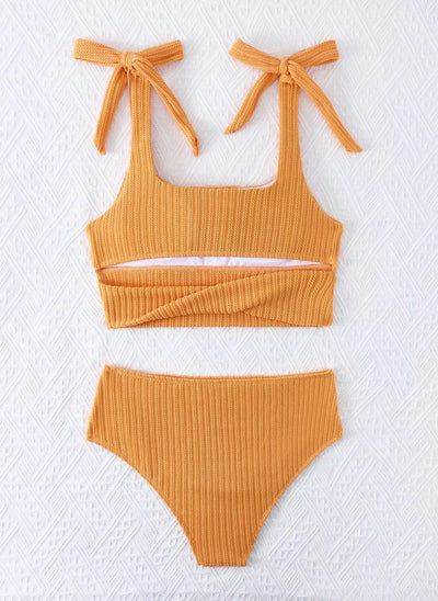 Green textured knit two-piece swimsuit with a square-neck crop top and high-waisted bottoms, featuring tie-shoulder straps. - Image 27