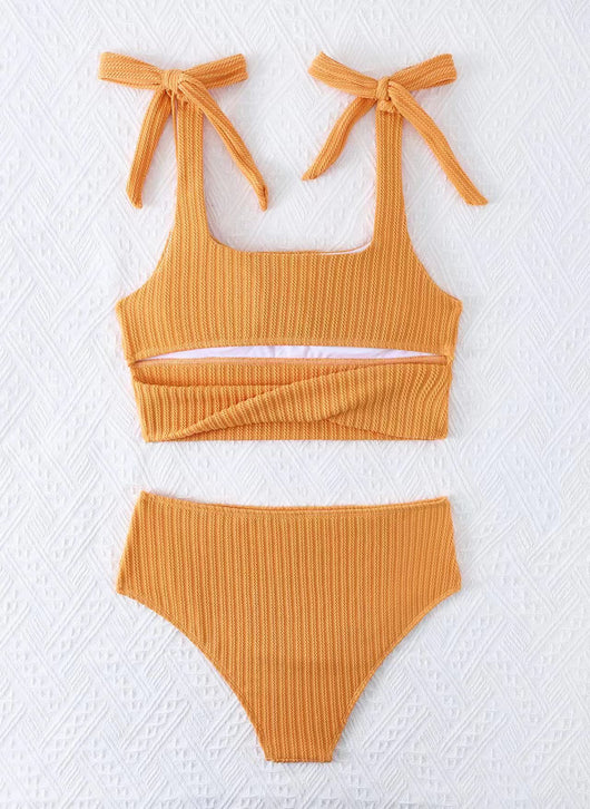 Green textured knit two-piece swimsuit with a square-neck crop top and high-waisted bottoms, featuring tie-shoulder straps. - Image 27