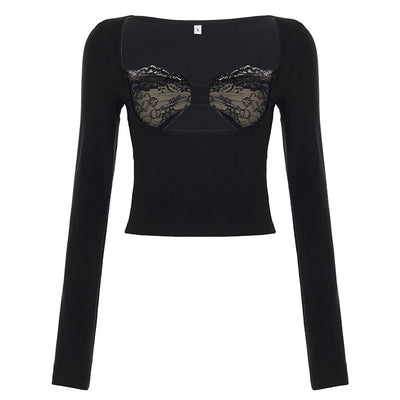 Blusa Larga con Panel de Encaje y Efecto Dos Piezas para Mujer - Image 6
