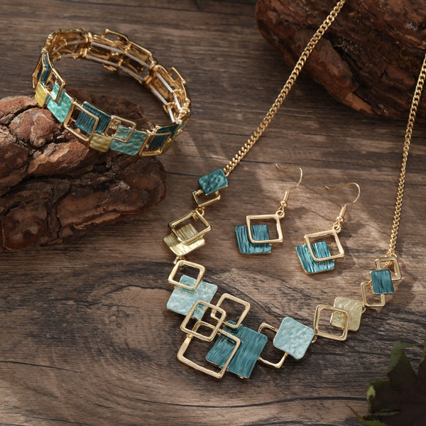 Conjunto de Aretes, Pulsera y Collar con Cuadrados Geométricos Pintados en Óleo