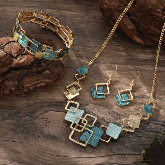 Conjunto de Aretes, Pulsera y Collar con Cuadrados Geométricos Pintados en Óleo