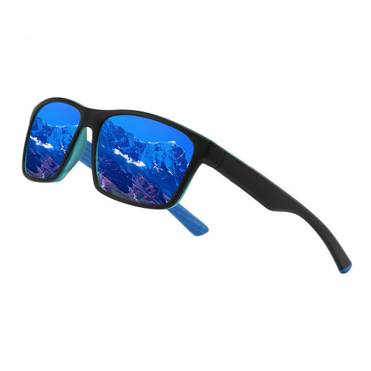 Black and blue polarized sports sunglasses with rectangular frames and blue mirrored lenses reflecting snowy mountains. - Image 5
