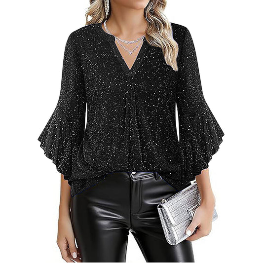 Blusa Suelta de Malla Plateada con Cuello V y Mangas 3/4 Pétalos