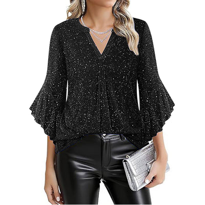 Blusa Suelta de Malla Plateada con Cuello V y Mangas 3/4 Pétalos