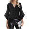 Blusa Suelta de Malla Plateada con Cuello V y Mangas 3/4 Pétalos