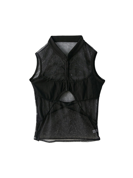 Blusa Negra de Gasa con Bordado Hueco Estilo Chino en Pino y Ciprés - Image 6