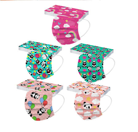 Pink children's protective mask with a cute panda and colorful balloon pattern, featuring white ear loops. - Image 9