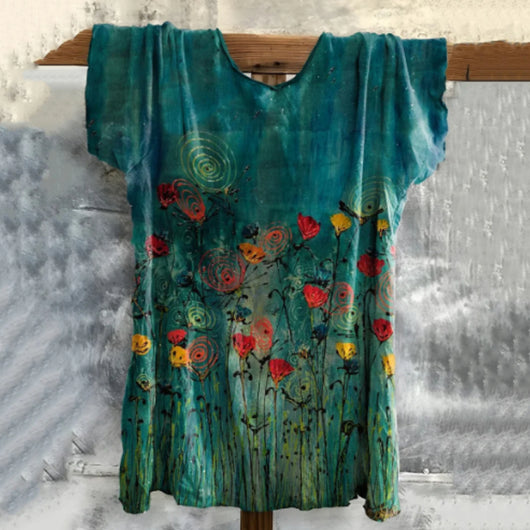 Camiseta de Algodón con Estampado Floral Vintage