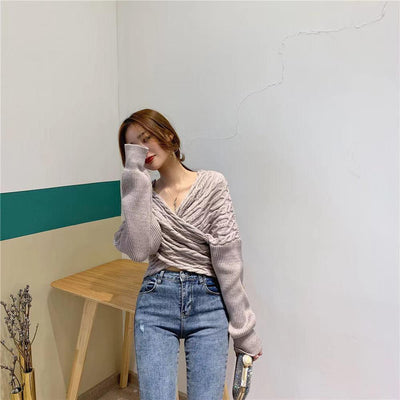 Suéter Retro con Escote en V y Detalle Trenzado - Estilo Coreano para Mujer - Image 6