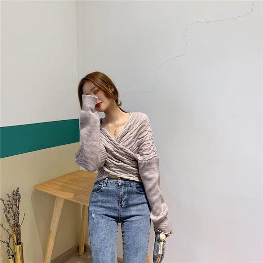 Suéter Retro con Escote en V y Detalle Trenzado - Estilo Coreano para Mujer - Image 6