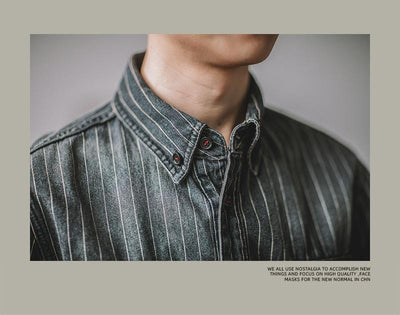 Camisa Denim Vintage a Rayas Verticales Manga Larga para Hombre - Image 16