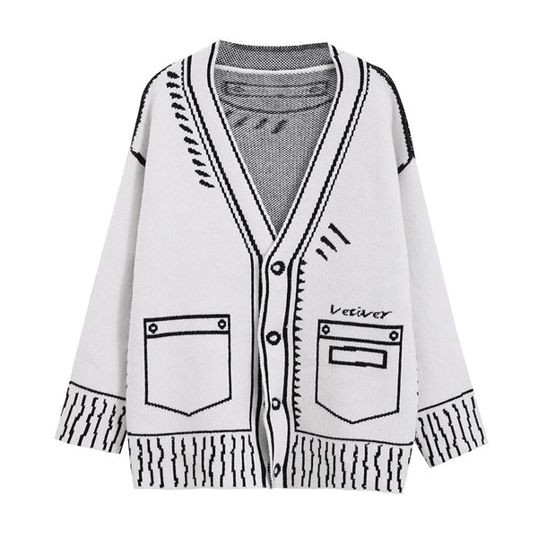 Cardigan Tejido Estilo Cómics Graffiti Blanco y Negro