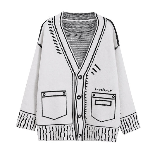 Cardigan Tejido Estilo Cómics Graffiti Blanco y Negro - Image 2