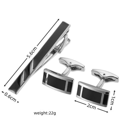 Set de Gemelos y Pasador de Corbata con Rayas Diagonales en Esmalte Negro y Plata - Image 4