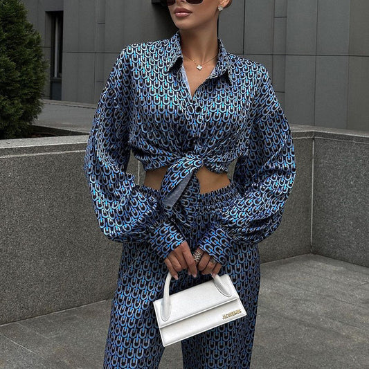 Conjunto de Moda Elegante: Camisa Estampada Manga Larga con Pantalón Ancho - Image 2