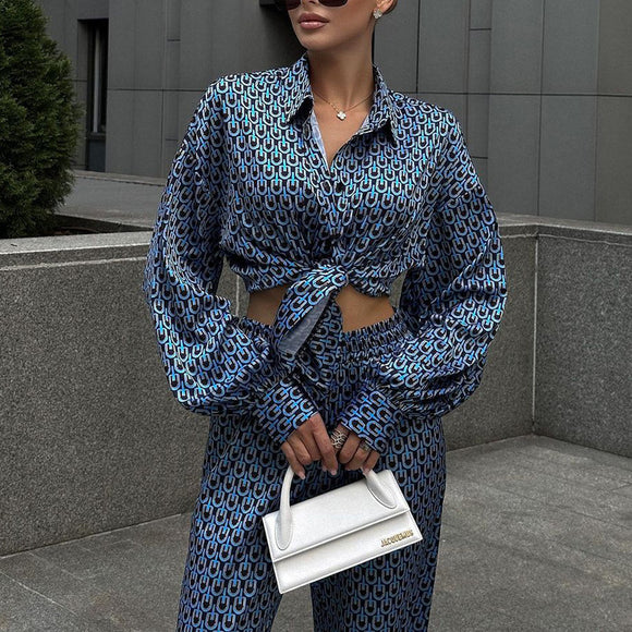 Conjunto de Moda Elegante: Camisa Estampada Manga Larga con Pantalón Ancho