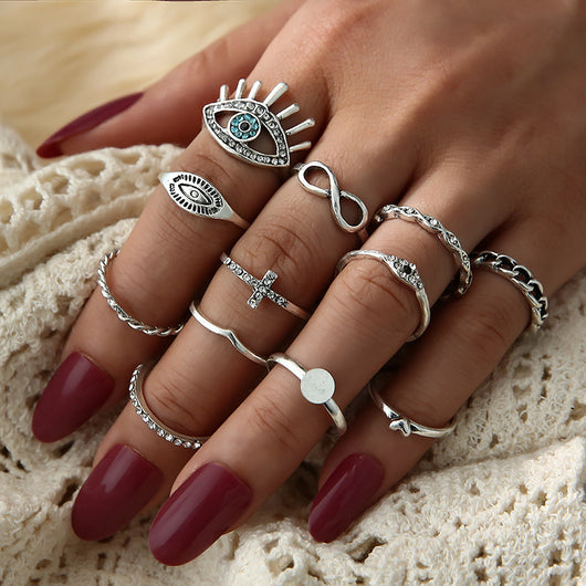 Set de 12 Anillos Articulados con Cristales Brillantes - Diseño Retro Cruzado