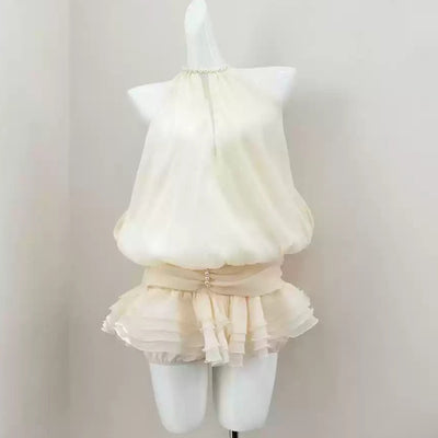 Conjunto Elegante con Blusa Beige Ajustada y Falda Burbuja de Cintura Ceñida - Image 5