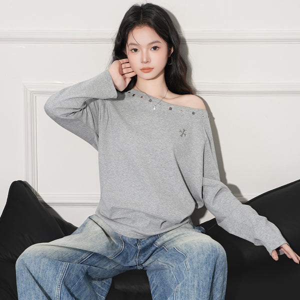 Blusa Holgada de Manga Larga con Hombro Descubierto Premium