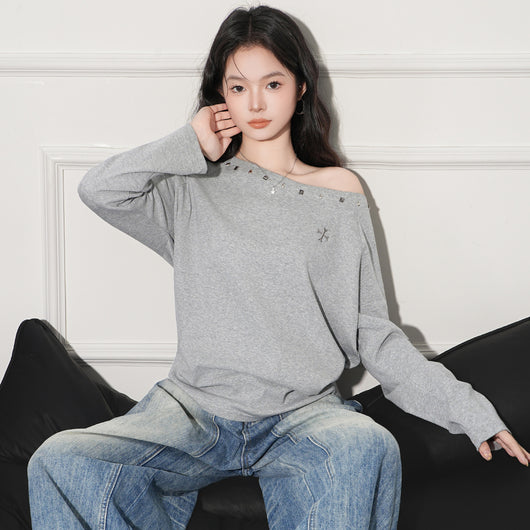 Blusa Holgada de Manga Larga con Hombro Descubierto Premium