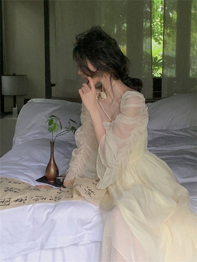 Vestido Largo de Manga Larga con Escote Cuadrado y Pliegues - Image 14