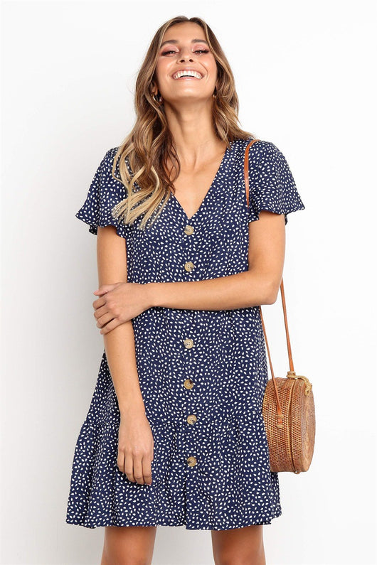 Vestido Estampado con Escote V y Botones de Manga Corta - Image 8