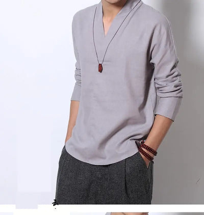 Camisa Lino Manga Larga Estilo Chino Retro para Hombre - Image 22