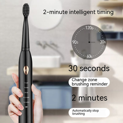Four black soft-bristle replacement toothbrush heads for an automatic ultrasonic wave toothbrush.
