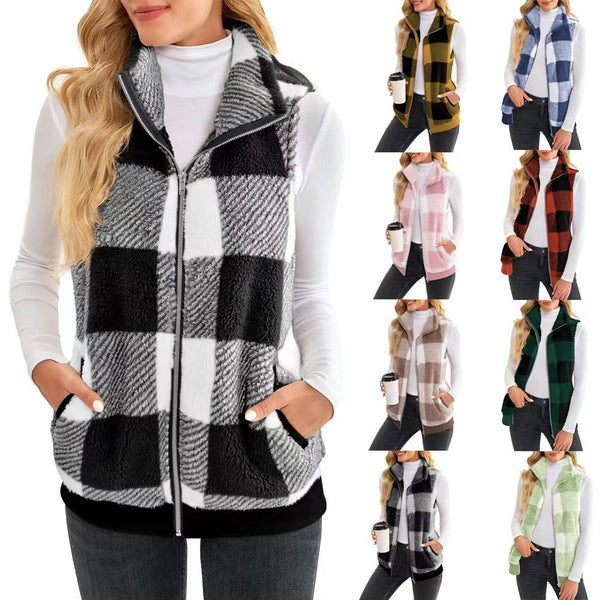 Chaleco Cardigan de Terciopelo Reversible con Cuadros Gruesos y Cuello de Pie
