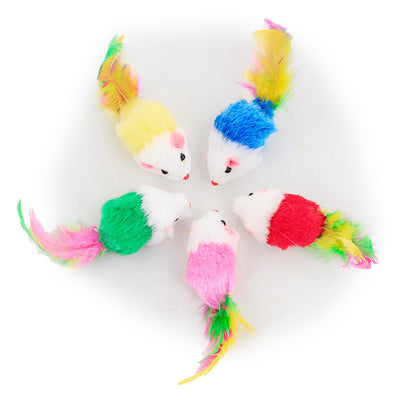 Plush mouse cat toy with a grey and white body, pink ears, and a vibrant feather tail in pink, yellow, and blue. - Image 10
