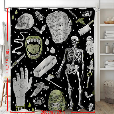 Black polyester shower curtain with a horror print featuring skeletons, skulls, monsters, and spooky elements. - Image 8