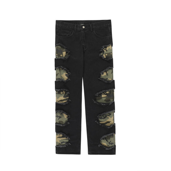 Pantalones Rectos de Camuflaje con Parches y Flecos Rotos para Hombre