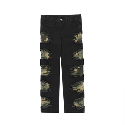 Pantalones Rectos de Camuflaje con Parches y Flecos Rotos para Hombre - Image 2