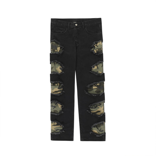 Pantalones Rectos de Camuflaje con Parches y Flecos Rotos para Hombre - Image 2