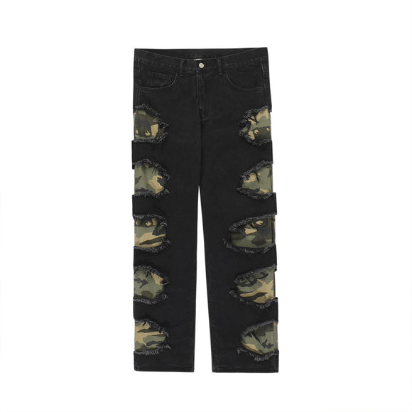 Men's Camouflage Straight Leg Patch & Ripped Frayed Hem Pants