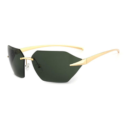 Trendy women's rimless cat-eye sunglasses with silver mirrored lenses and gold-colored metal temples. - Image 3