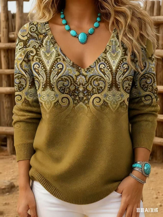 Blusa Retro Estampada con Cuello en V y Manga Larga para Mujer - Image 14