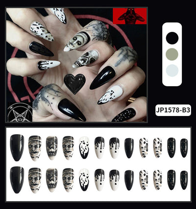 Uñas Postizas Gota de Agua Almendra - Diseño Calavera Halloween Manicura Artística - Image 10