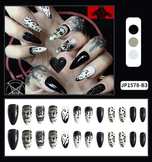 Uñas Postizas Gota de Agua Almendra - Diseño Calavera Halloween Manicura Artística - Image 3